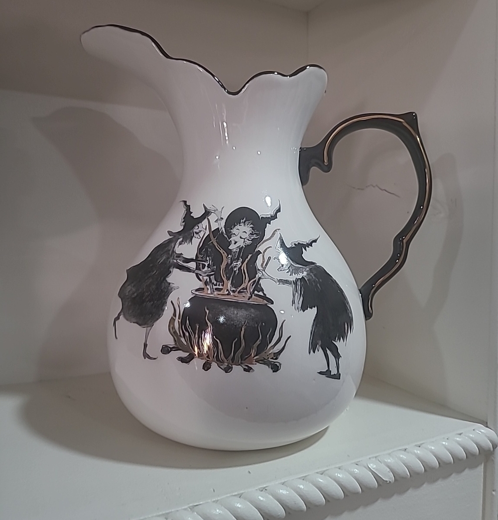 White Ceramic Pitcher with Black Witch Illustration Halloween Decor